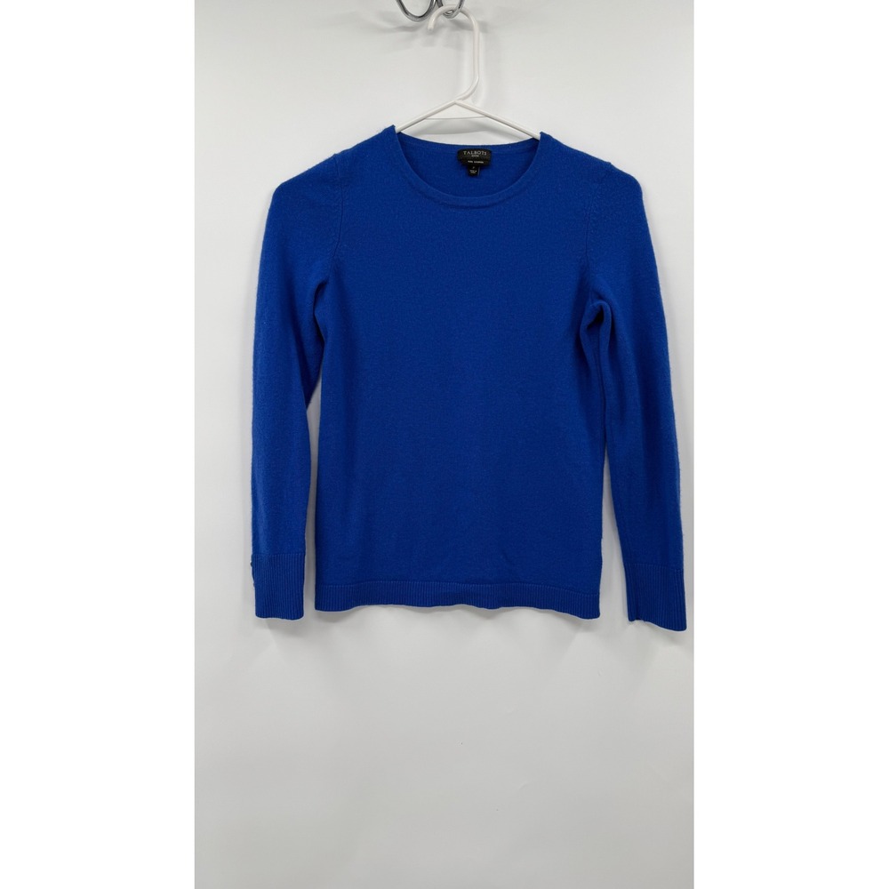 Talbots Petite P Cashmere Sweater Womens Blue Crewneck Button Cuff